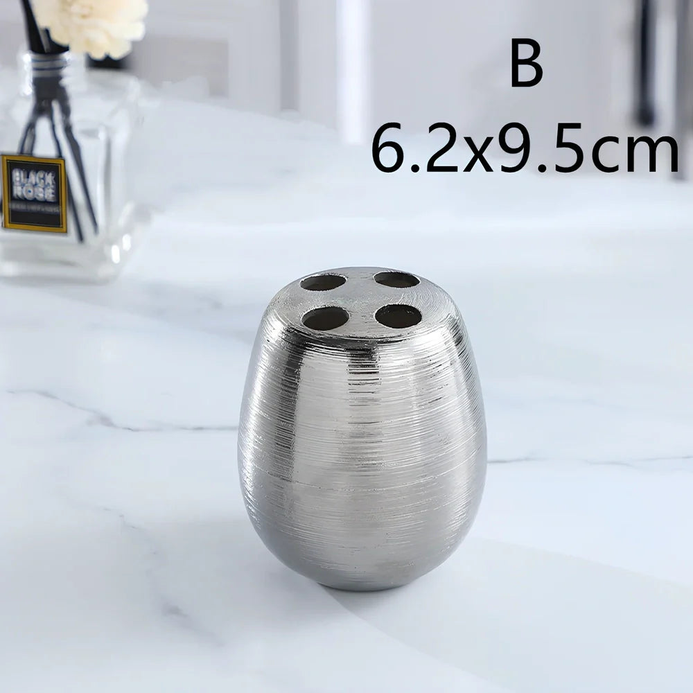 Handmade brushed ceramic five-piece bathroom set in silver with modern design