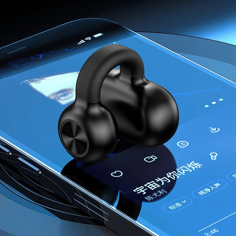 Black clip-on bone conduction wireless Bluetooth earphones with charging cable