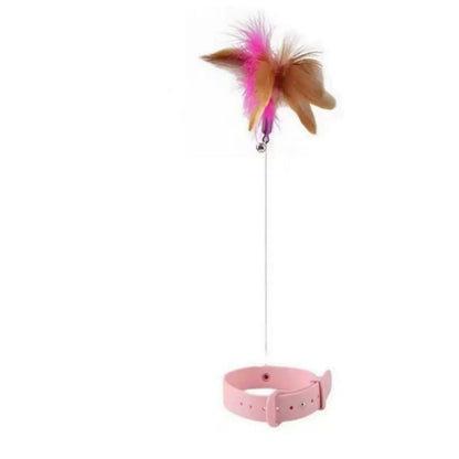 Blue adjustable cat collar toy with silicone teasing wand and feather teaser attachment for interactive play