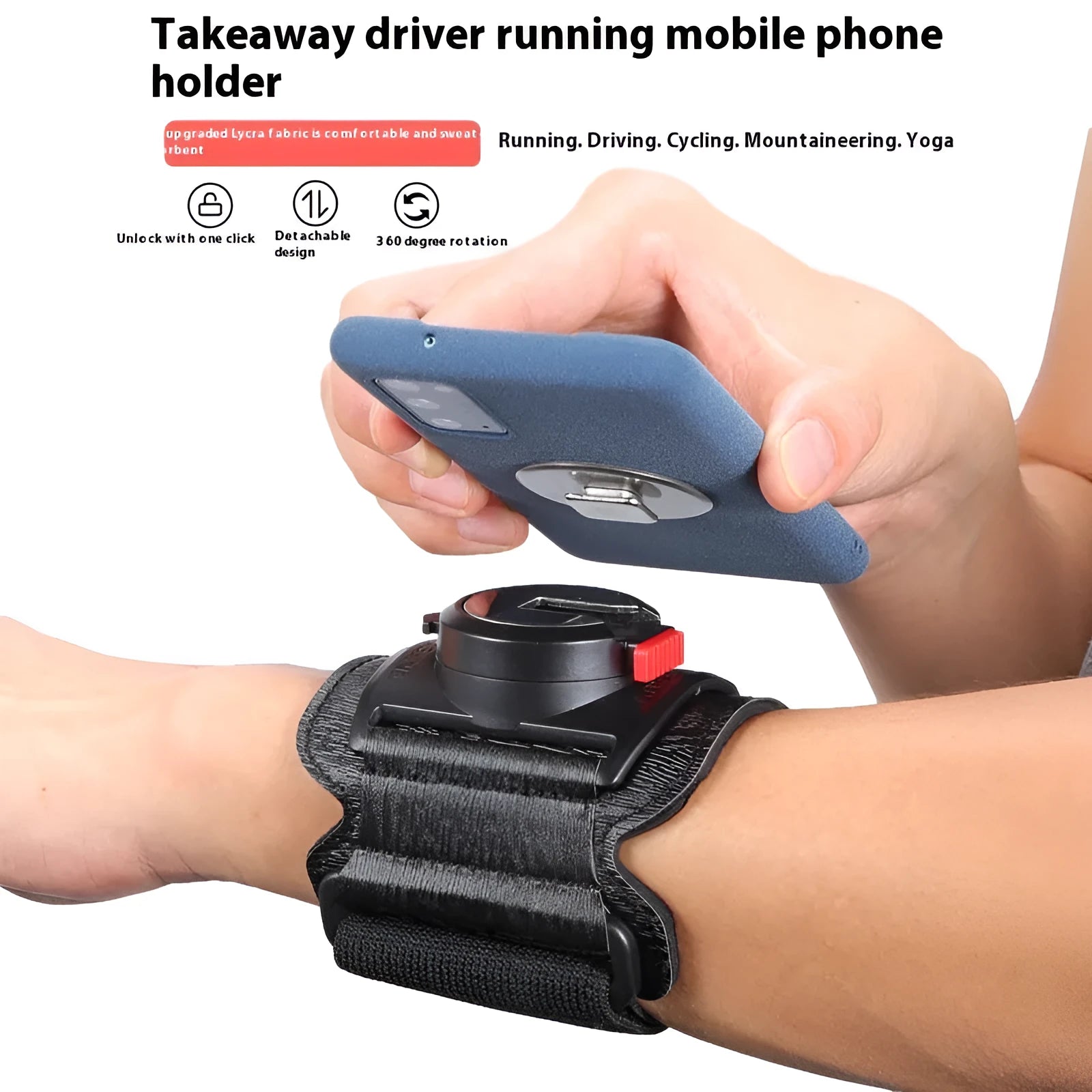 Black ABS PC mobile phone wrist strap holder for 4-7 inch smartphones, shown on a wrist for delivery or running.