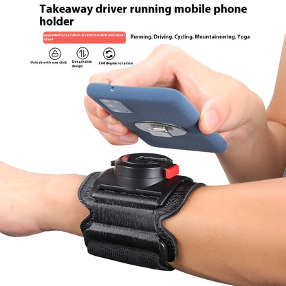 Black ABS PC mobile phone wrist strap holder for 4-7 inch smartphones, shown on a wrist for delivery or running.