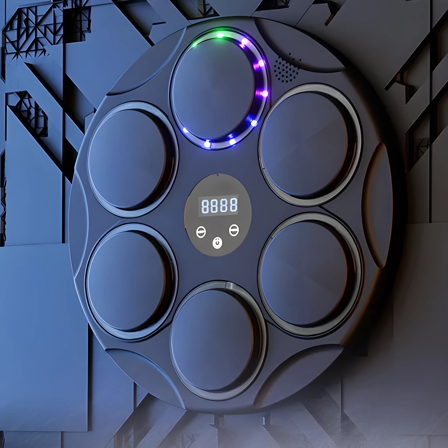 Black smart Bluetooth boxing target with coloured LED lights hanging on wall