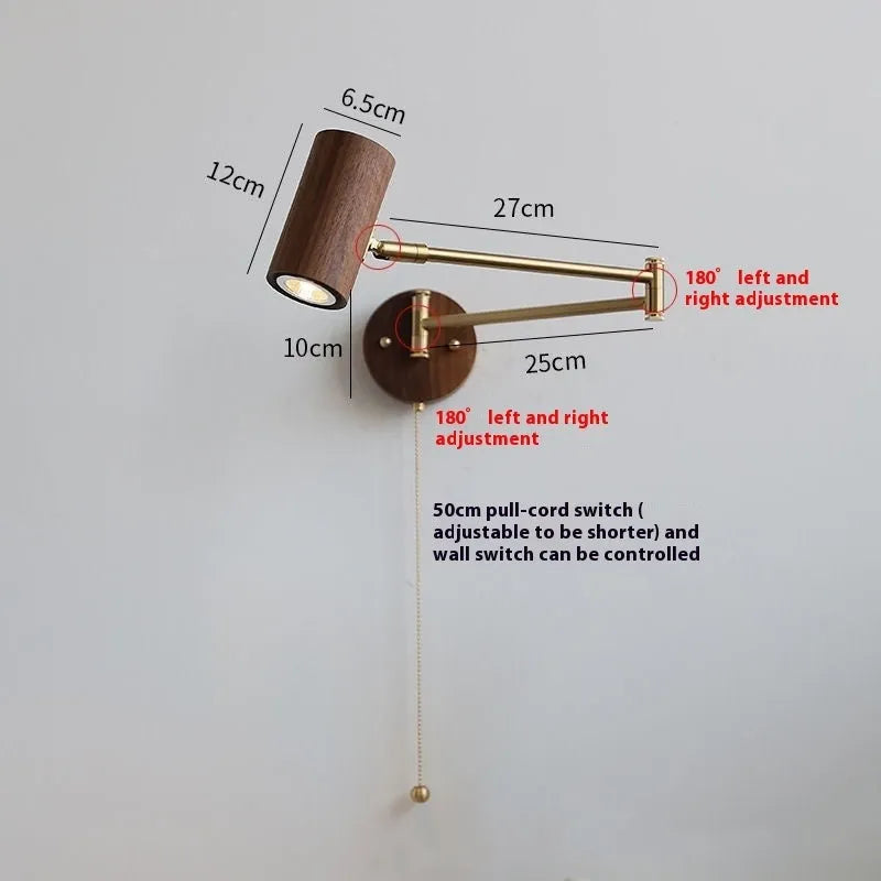 Vintage style wall lamp with rotating long arm and wood finish
