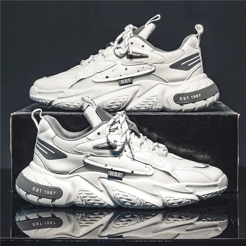 Men's low top casual pumps with 3-5cm mid heel, round toe, rubber sole, in white orange, white grey, or white blue.