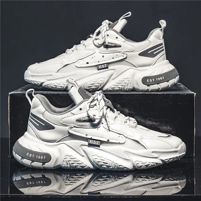 Men's low top casual pumps with 3-5cm mid heel, round toe, rubber sole, in white orange, white grey, or white blue.