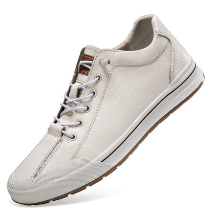 Men's white and black matte leather platform shoes with a 6cm sole and round toe on a plain background.