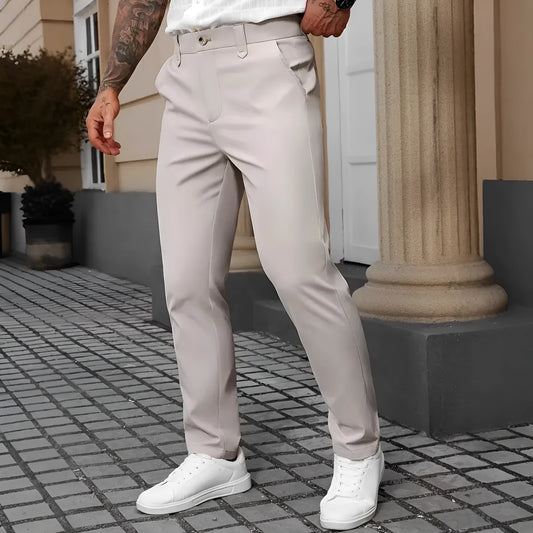 Men's straight leg business trousers in four colours: black, apricot, grey, and white.