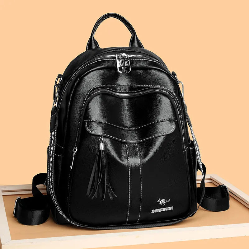 Multi-functional Hand-held Genuine Leather Tassel Backpack in Khaki, Black or Brown with Composite Cowhide, Soft Water-resistant Wear-resistant Anti-theft Design, Zippered Hidden Pocket, Phone Pocket and Document Pocket for Casual Travel