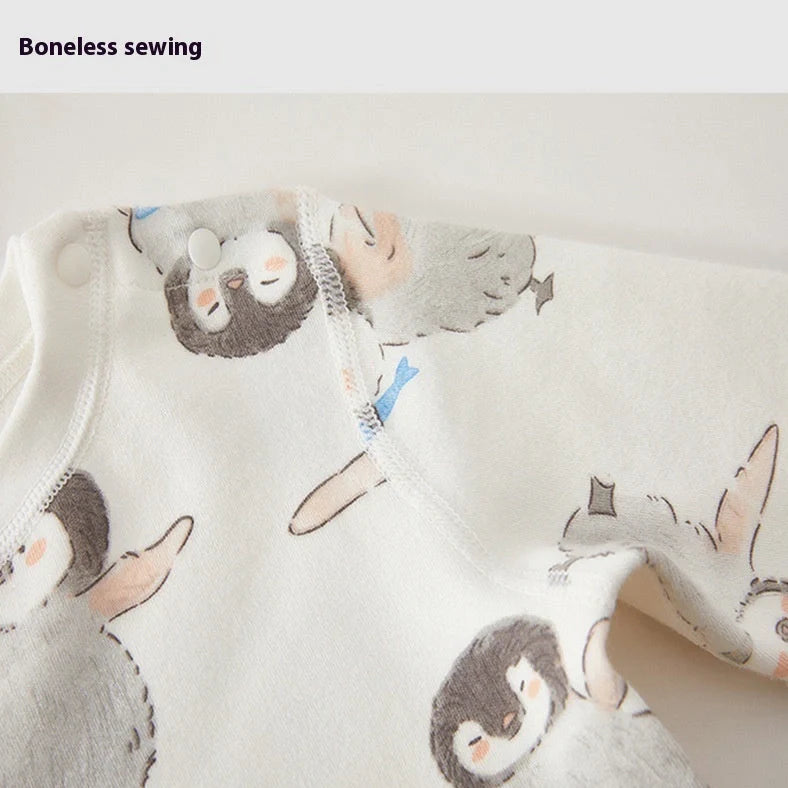 Cotton baby long johns set with penguin cartoon design, showing long sleeves and pants