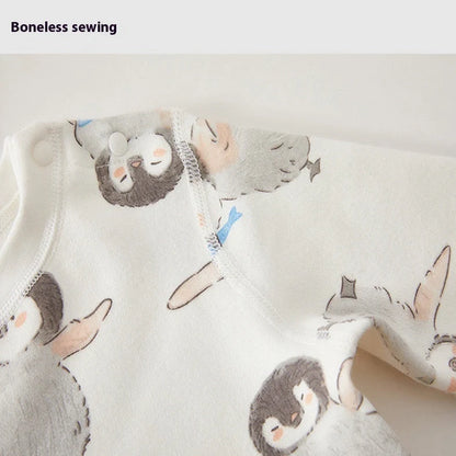 Cotton baby long johns set with penguin cartoon design, showing long sleeves and pants