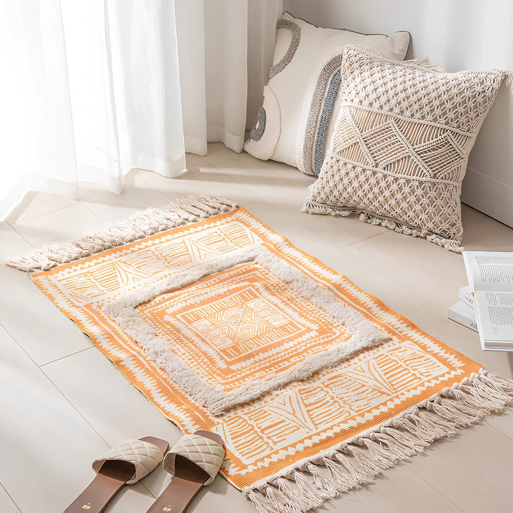 Personalised cotton geometric pattern rug measuring 60x90cm with 8cm pile height in minimalist design