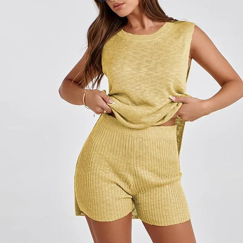 Stylish two-piece knit summer set with split-front vest top and matching shorts in a variety of vibrant colors