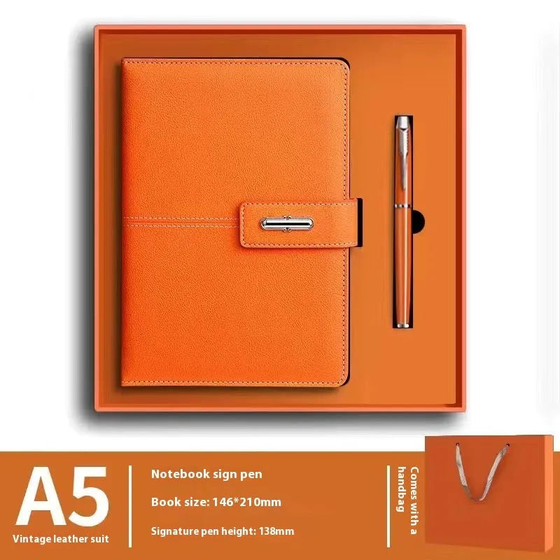 A5 notebook with imitation leather cover in a choice of colours including black, red, green, blue, and orange.