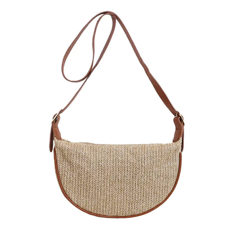 Women's woven straw crossbody bag with internal phone and file pockets in various colours.