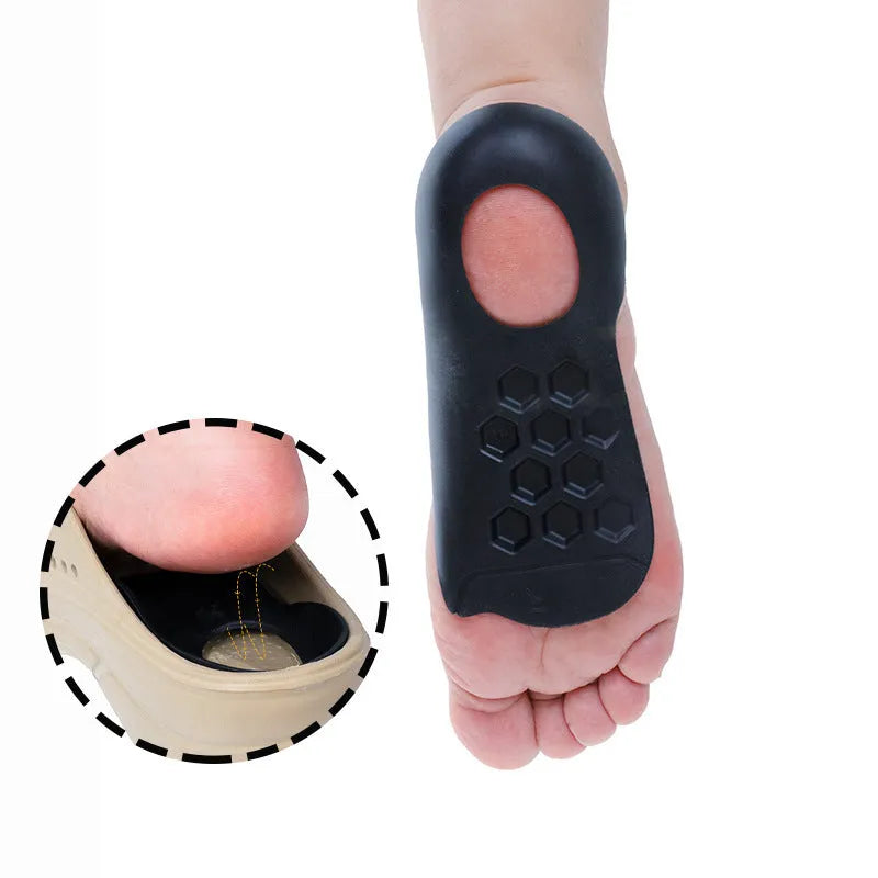 Pair of TPR varus correction arch support insoles in black, white, and skin colour options.