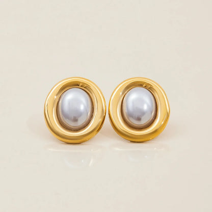 Stainless steel vintage pearl ear studs for women with electroplated finish