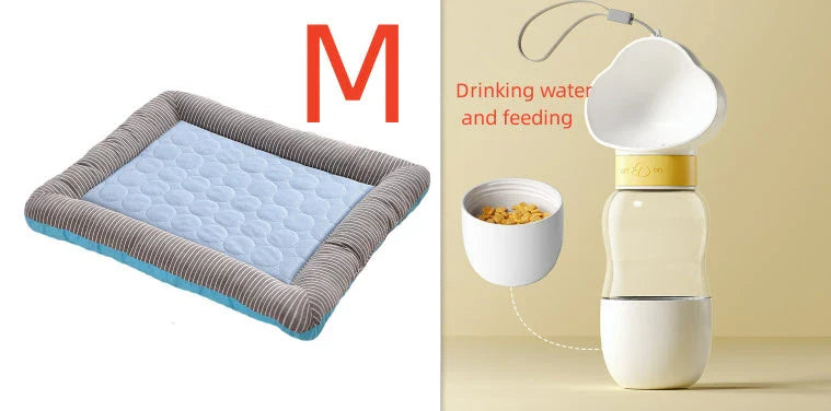 A plush, breathable cooling pet bed in blue and red colors, designed to keep dogs and cats comfortable in the summer heat.