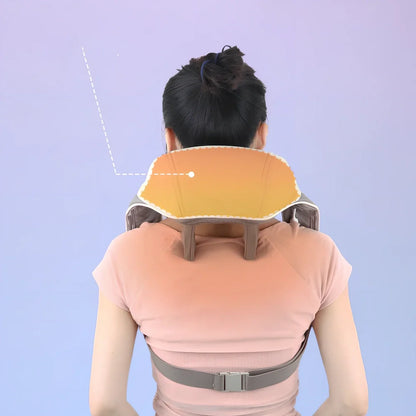 White and grey electric shoulder massager strap with adjustable length showing massage nodes and control button