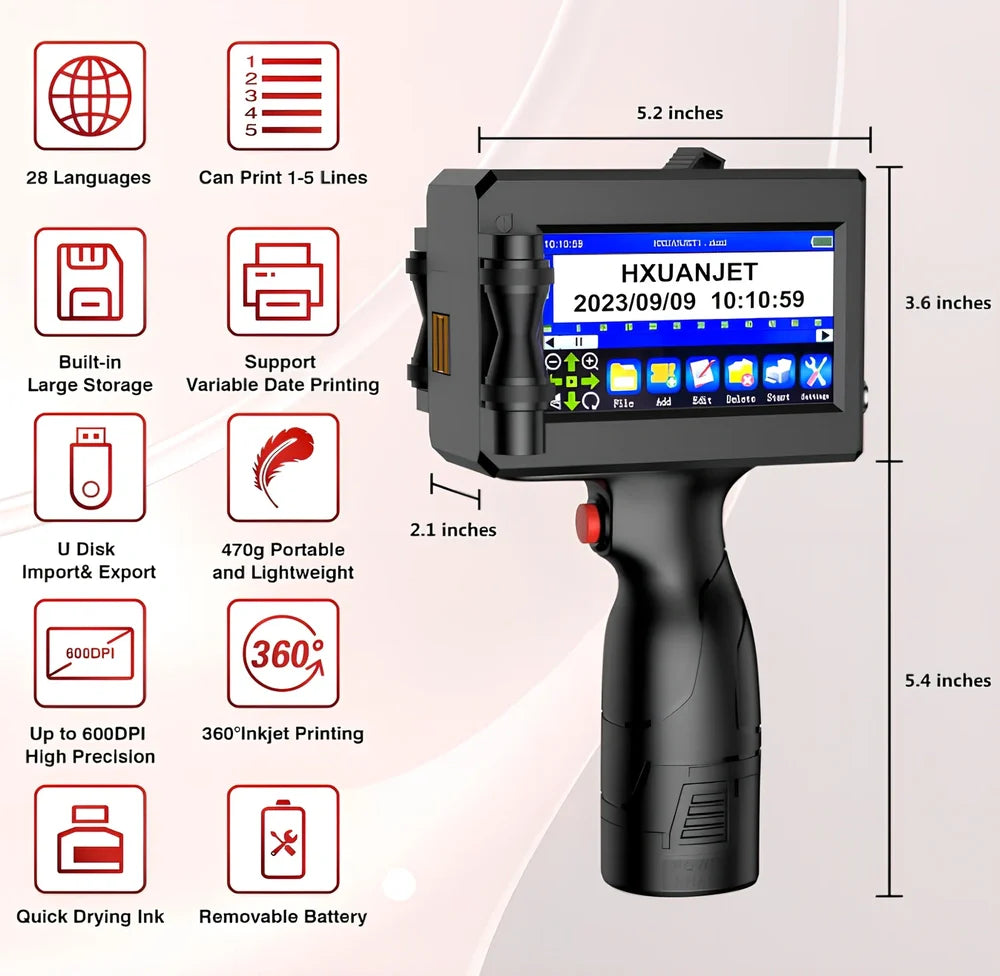 Black handheld code-spraying machine with 4.3-inch touch screen displaying marking interface