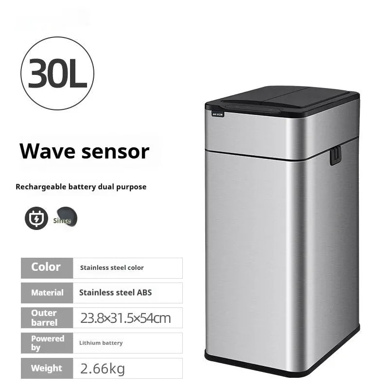 Inductive ashbin smart trash can with automatic lid, stainless steel construction, and square bucket shape