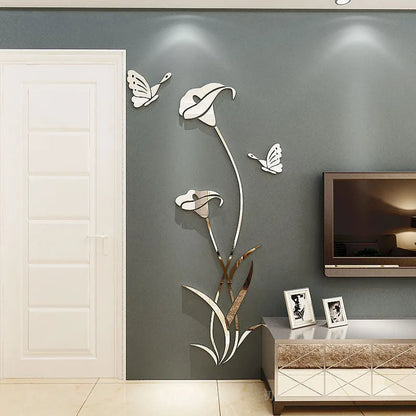 Lily 3D stereo acrylic wall stickers showing size variations and colour options including metallic finishes