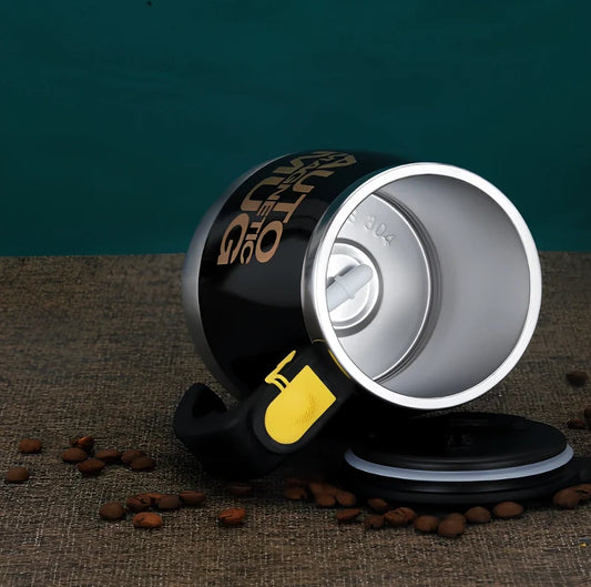 Electric stainless steel rotating mug with magnetic stirring technology and rechargeable battery in black colour