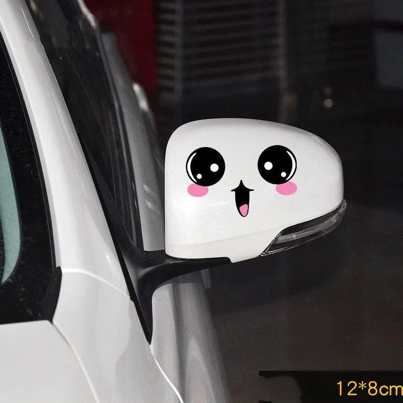 Reflective cartoon car stickers on vehicle rearview mirror in black and white styles