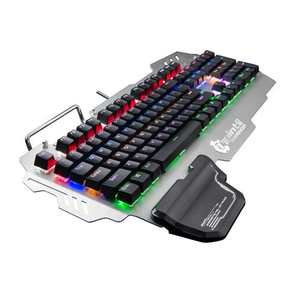 Silver metal gaming keyboard with integrated wrist rest and green mechanical keys on desktop