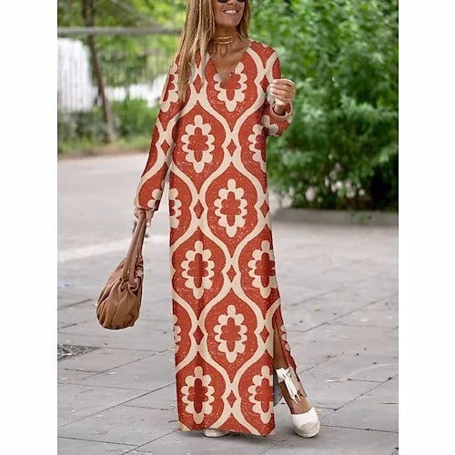 Women's geometric printed V-neck long dress with long sleeve slit, available in multiple colors and sizes.