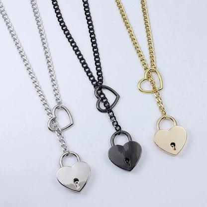 Adjustable heart-shaped O-ring slip chain necklace in black, silver, and gold