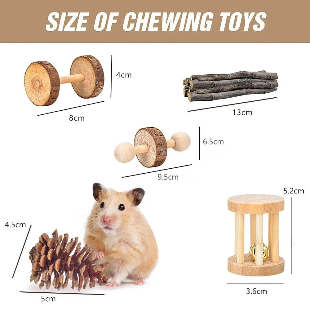 Assortment of wooden and natural fibre chew toys for small pets including balls, rings and woven shapes.