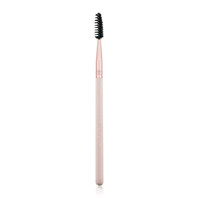 26 pink makeup brushes with wool bristles and wooden handles arranged in a PU zip bag.