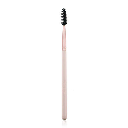 26 pink makeup brushes with wool bristles and wooden handles arranged in a PU zip bag.