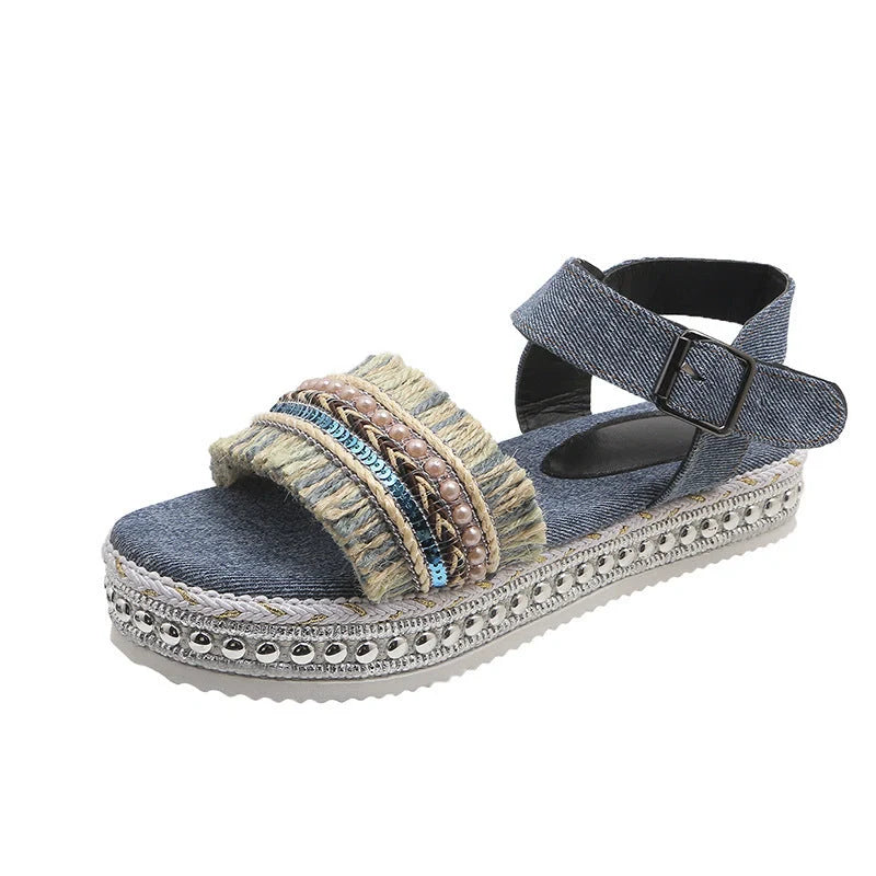 Women's denim tassel sandals with thick flat heel and hemp rope sole in black and blue