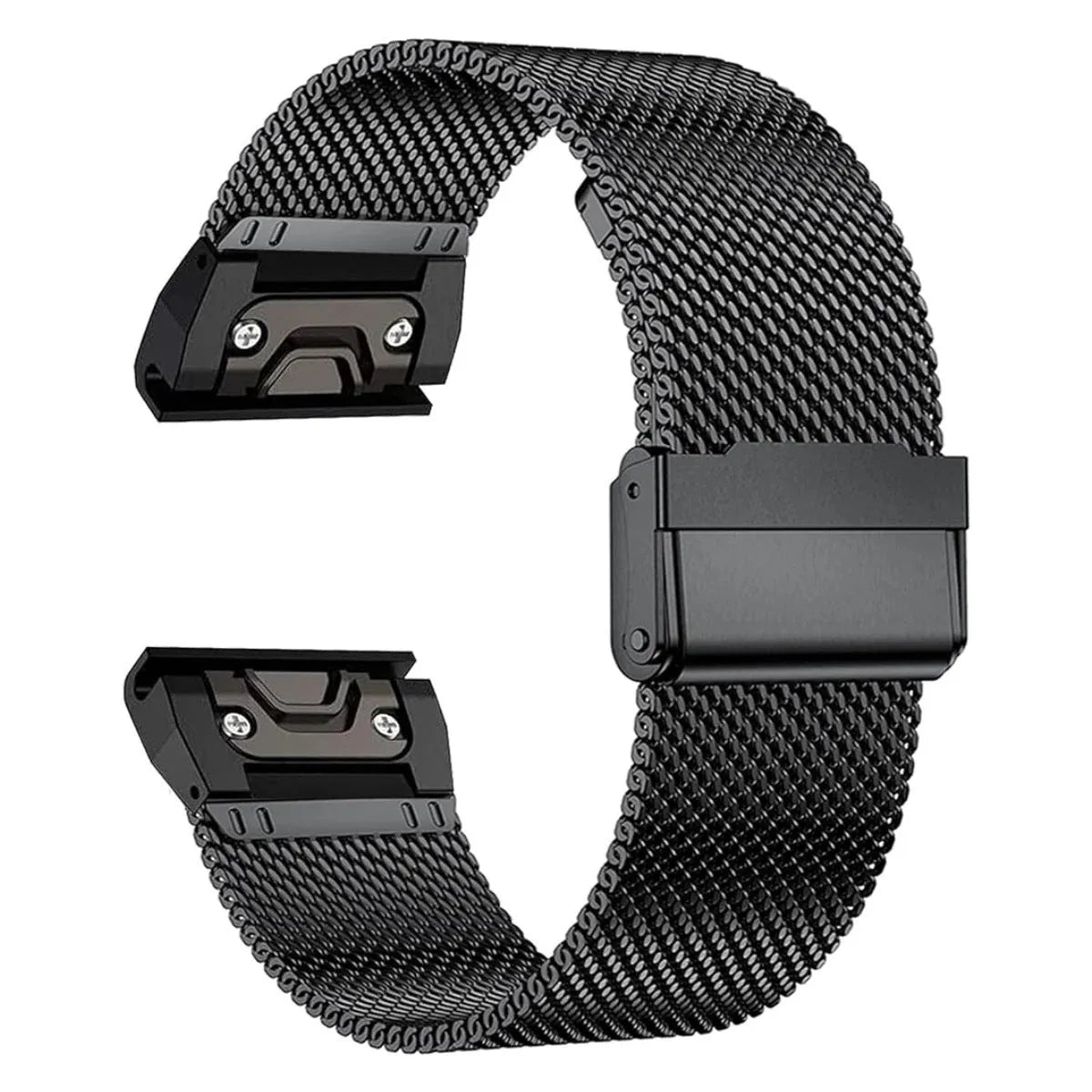 Stainless steel card strap for Garmin Fenix watch showing integrated card slot and buckle closure