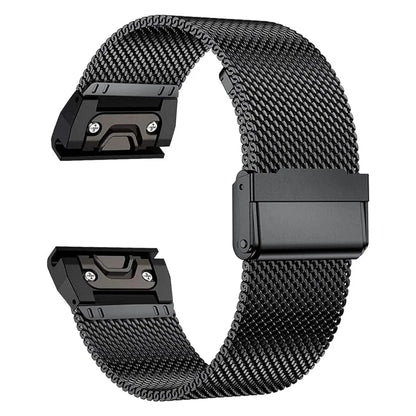 Stainless steel card strap for Garmin Fenix watch showing integrated card slot and buckle closure