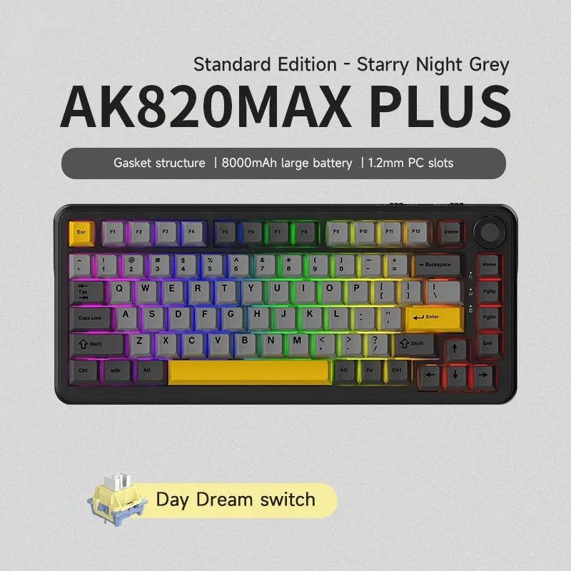 Black, grey and yellow three-mode wireless mechanical keyboard with hot-swappable switches