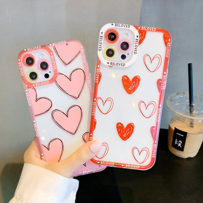 Pink and red love heart design TPU back cover case for compatible iPhone models.
