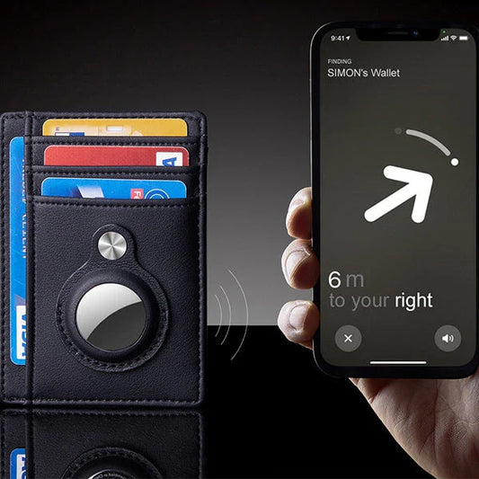 Slim leather wallet with built-in AirTag holder, featuring RFID-blocking technology and convenient card access
