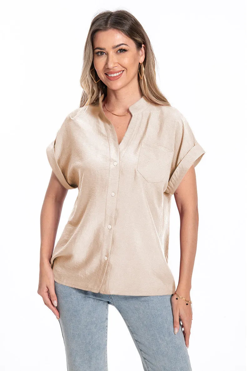 Women's loose-fit short sleeve top with stand collar and button front in army green