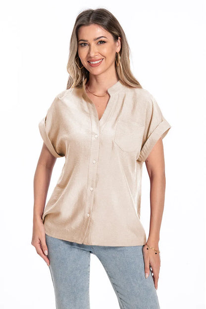 Women's loose-fit short sleeve top with stand collar and button front in army green