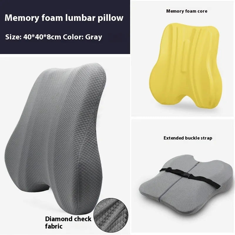 Grey lumbar support pillow for office chair measuring 40 by 40 by 8 centimetres.