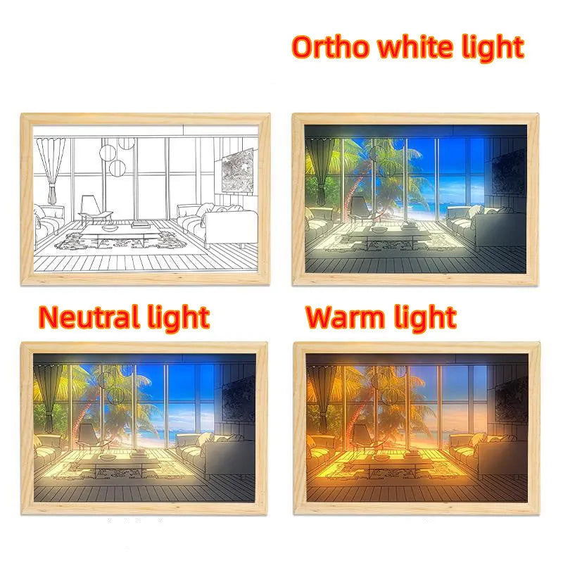 LED illuminated decorative picture light on a table showing a scenic landscape image glowing from within.