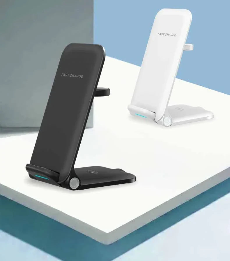 Sleek 3-in-1 wireless charging station with adjustable stand and foldable design for convenient desktop charging