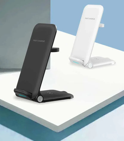 Sleek 3-in-1 wireless charging station with adjustable stand and foldable design for convenient desktop charging