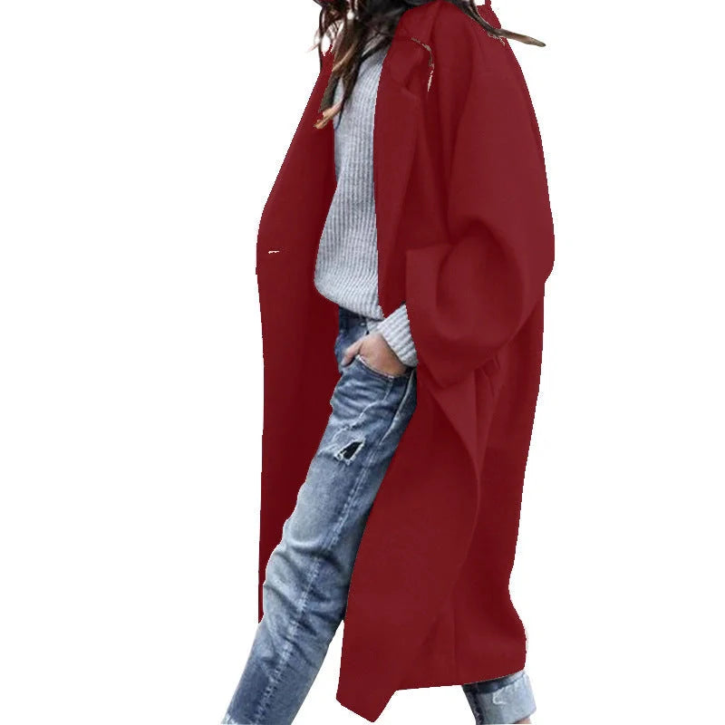 Women's solid color woolen coat with pockets for winter warmth
