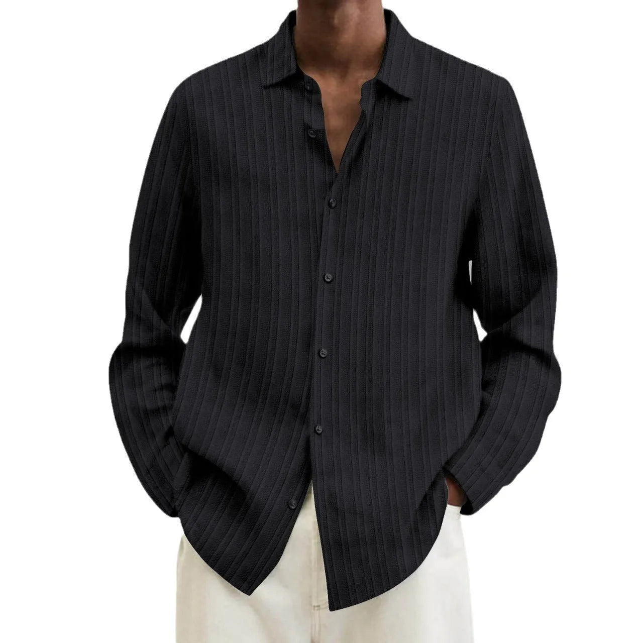 Men's striped British style cardigan shirt in polyester flat mop cloth fabric