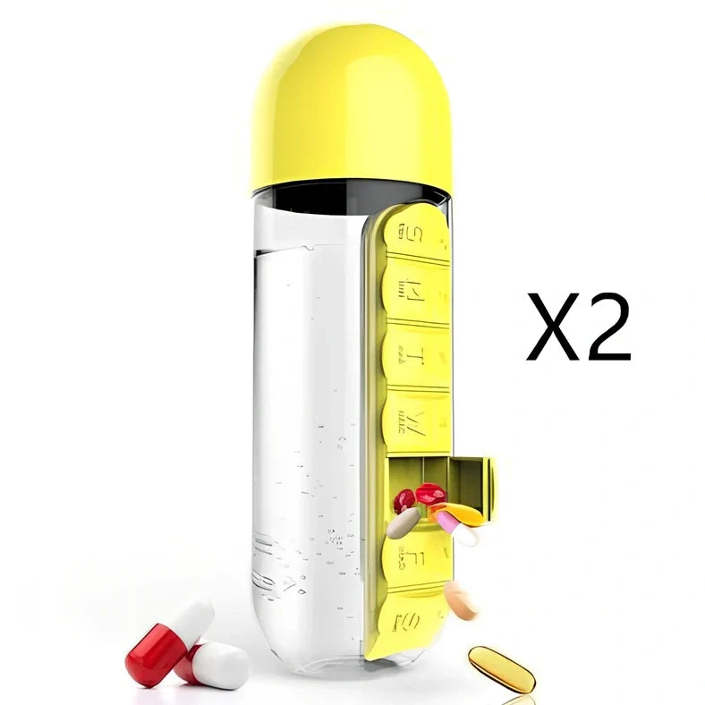 Two-in-one water cup with attached 7-day pill organiser showing daily compartments and screw-top lid