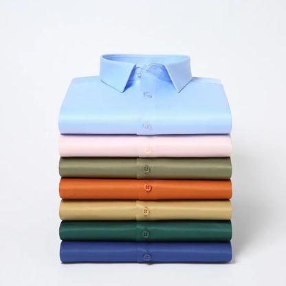 Elastic silk men's long-sleeved non-ironing shirt in solid colour with loose fit sizing