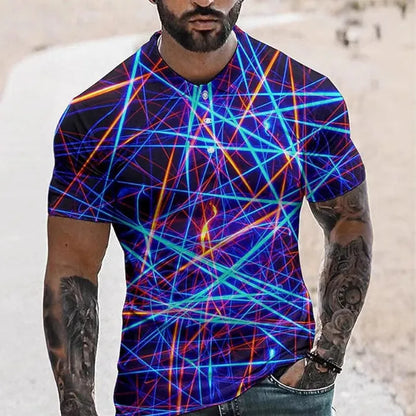 Men's grey 3D print pattern short sleeve polo shirt with lapel collar on a mannequin.